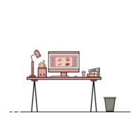 Flat design of working table with computer, desktop, equipment. Working desk with table, chair, book png