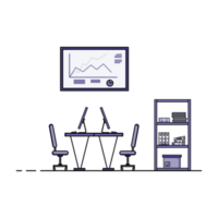 Flat design of working table with computer, desktop, equipment. Working desk with table, chair, book png