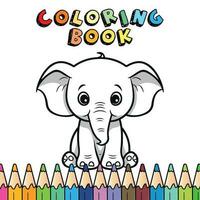 A coloring book with a picture of a baby elephant sitting on top of a row of colored pencils. vector