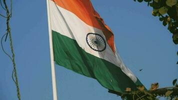 indiase vlag hoog op connaught plaats met trots in blauwe lucht, indiase vlag wapperen, indiase vlag op onafhankelijkheidsdag en republiek dag van india, tilt-up shot, wuivende indische vlag, har ghar tiranga video