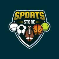 Sports store logo design vector editable template, basketball, baseball, football, volleyball, tennis balls illustration sports club logo