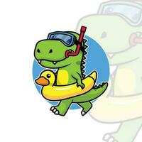 cute dinosaur with inflatable ring and googles diving cartoon design vector