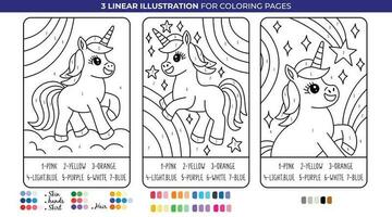 Sparkling Unicorns by Number Coloring Pages, Learn numbers and colors. Printable worksheet. vector