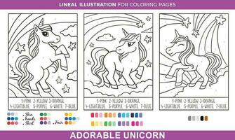 Adorable Unicorn Girly by Number Coloring Pages,  Learn numbers and colors. Printable worksheet. vector