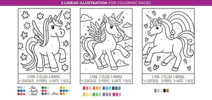 unicornios y formas por número colorante páginas, aprender números y colores fantasía. imprimible hoja de cálculo. vector