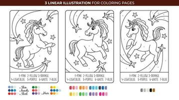linda unicornios magia colorante por número colorante páginas, aprender números y colores. imprimible hoja de cálculo. vector