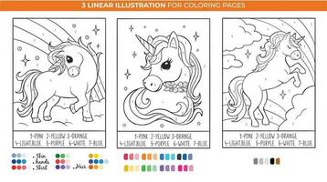 Unicorn and rainbows by Number coloring book pages,  Learn numbers and colors. Printable worksheet. vector