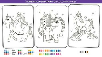 linda unicornio y princesa colorante páginas, aprender números y colores. imprimible hoja de cálculo. vector