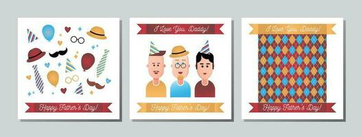 Set of greeting card with lettering Happy Father's Day and I love you.  Holiday Father's Day attributes - balloons, a festive cap, wow, tie, rhombus, hat. The male characters are smiling vector