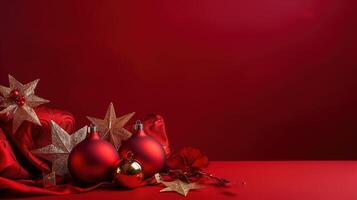 Christmas baubles on red background with copy space for your text. photo