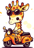 une girafe est équitation une scooter avec une casque et des lunettes ai génératif png