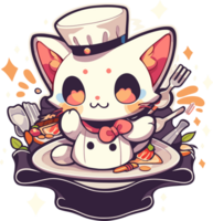 une dessin animé chat avec une chef chapeau est assis sur une assiette avec une assiette de nourriture ai génératif png