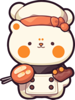 A cute cartoon bear with a hat and a bow is holding a pastry png