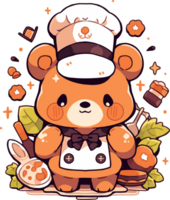A cute little bear in a chef hat stands in front of some sweets png
