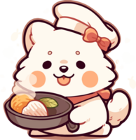 uma desenho animado do uma cachorro vestindo uma chefe de cozinha chapéu segurando uma prato do Sushi ai generativo png