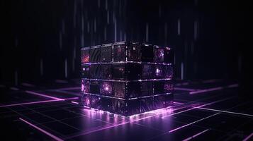 3d rendering of black cubes with purple neon lights on black background. photo