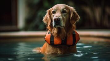 cute golden retriever swimming in swimming pool with orange life jacket. photo