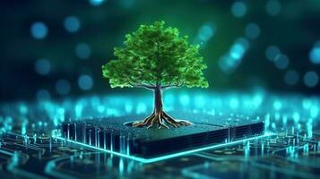 3D rendering of a green tree growing on the motherboard of a computer. photo