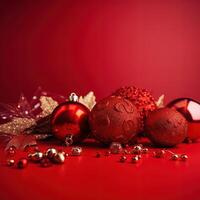 Christmas baubles on red background with copy space for your text. photo