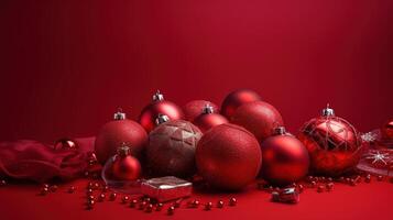 Christmas baubles on red background with copy space for your text. photo