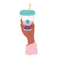 Hand holding bubble tea cup with tapioca pearls. Boba tea.Taiwanese drink. Summer cold drink vector