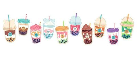 ollection of Bubble Milk Tea with tapioca pearls. Boba tea. Taiwanese drink. Summer cold drink vector