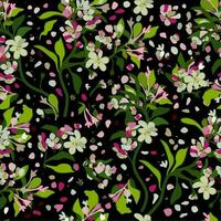 Vector seamless floral pattern with white and pink flowers and green leaves on black background.