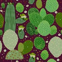 Vector seamless pattern with various cacti on dark purple background.