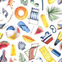 Beach summer accessories, sea holiday toys. Watercolor illustration, hand drawn. Seamless pattern  for fabric, textile, wallpapers, packaging, decor, prints. png