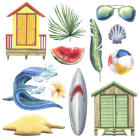 A collection of beach accessories, summer, bright, for relaxation and entertainment. Watercolor illustration, hand drawn. Set of isolated objects png