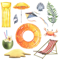 A collection of beach accessories, summer, bright, for relaxation and entertainment. Watercolor illustration, hand drawn. Set of isolated objects png