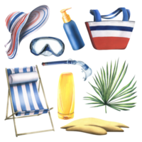 A collection of beach accessories, summer, bright, for relaxation and entertainment. Watercolor illustration, hand drawn. Set of isolated objects png