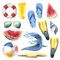 A collection of beach accessories, summer, bright, for relaxation and entertainment. Watercolor illustration, hand drawn. Set of isolated objects png
