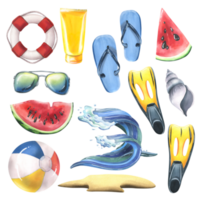 une collection de plage accessoires, été, brillant, pour relaxation et divertissement. aquarelle illustration, main dessiné. ensemble de isolé objets png