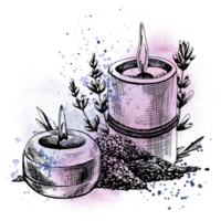 Sea salt and candles with lavender flowers. Hand-drawn illustration, graphic with watercolor stains and splashes. Isolated composition png