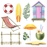 Set of pictures with beach cabin, surfboard, summer vacation and vacation accessories, palm trees, sunscreen. Watercolor illustration, hand drawn. Isolated objects png