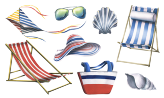 Beach summer set of striped beach holiday accessories with seashells and sunglasses. Hand-drawn watercolor illustration. Isolated objects png