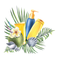 Tubes of sun cream with beach cocktail in coconut, seashells and palm branches. Watercolor illustration hand drawn. Isolated composition png