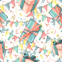 Gift boxes with ribbons, bows, confetti and garland of flags in coral and turquoise colors. Watercolor illustration, hand drawn. Seamless pattern for congratulations png