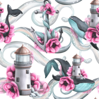 Sea lighthouse, whales and anchor with waves and pink anemone flowers. Hand drawn watercolor illustration. Seamless pattern. For fabric, textile, wallpaper, wrapping paper png