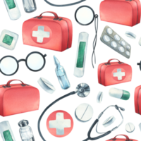 A set of medical equipment with a red first aid case. Watercolor illustration, hand drawn. Seamless pattern, for the design and design of hospitals, clinics, pharmacies. png