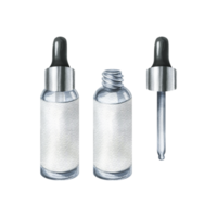 Glass bottle with white blank label and pipette for cosmetics, oil, serum. Watercolor illustration, hand drawn. Isolated objects png