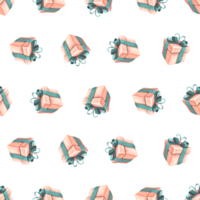 Gift boxes with ribbons and bows in coral and turquoise colors Watercolor illustration, hand drawn. Seamless pattern for congratulations, wrapping paper, holiday decoration. png