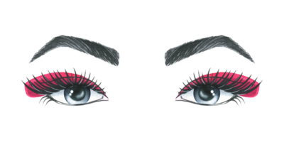 Women's eyes with eyebrows, with pink makeup. Watercolor illustration, hand drawn. Isolated composition png