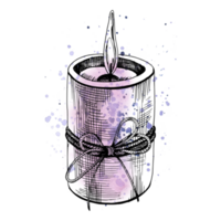 Candle with flame and jute rope, bow. Hand drawn illustration, graphic with lilac watercolor stains and splashes. Isolated composition png
