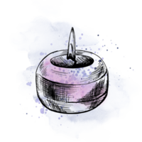 Round candle with flame. Hand drawn illustration, graphic with lilac watercolor stains and splashes. Isolated object png