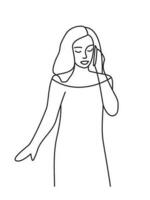 Minimalist hand drawn female vector portrait in modern abstract one line drawing graphic style. Decor print, wall art, creative design social media. Trendy template woman speaks on the phone on white