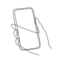 Minimalist hand drawn vector hand holding phone in modern abstract one line drawing graphic style. Decor print, wall art, creative design social media. Trendy template isolated on white background