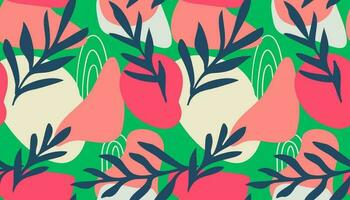 Seamless pattern of Hand drawn various shapes doodle objects, lines and plant leaf foliage background Colorful floral background for patterns. Abstract vector design illustration