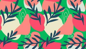 Seamless pattern of Hand drawn various shapes doodle objects, lines and plant leaf foliage background Colorful floral background for patterns. Abstract vector design illustration